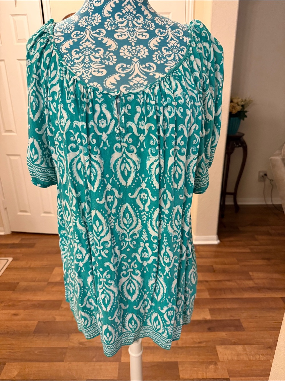 grand & greene Teal and White Damask-Pattern Midi Dress